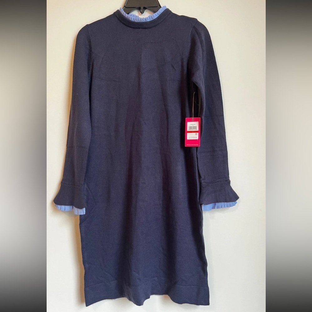Vince Camuto Womens Navy Blue Mock Neck Ruffle Trim Sweater Dress S NWOT